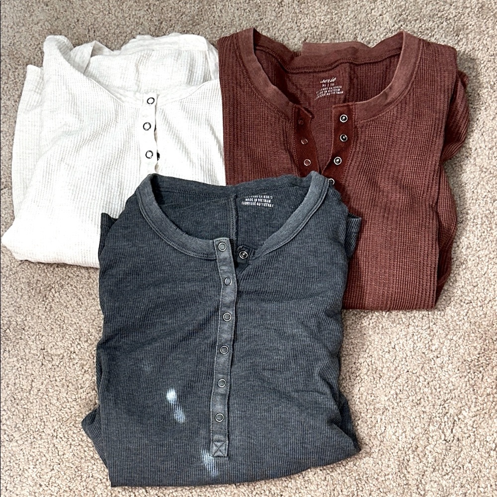 Set of Three Aerie Women’s Henley Shirts - Cream, Brown, and Gray